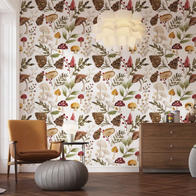 Rustiek bosrijke Waterverf bosrijk paddenstoelenbo Behang (Rustic Woodland Watercolor Woodsy Mushroom Forest Wallpaper)