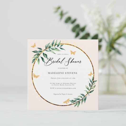 Rustiek Botanisch Bladgroen Gouden Vlinders Bruids Kaart (Staand voorkant)