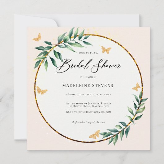 Rustiek Botanisch Bladgroen Gouden Vlinders Bruids Kaart (Voorkant)