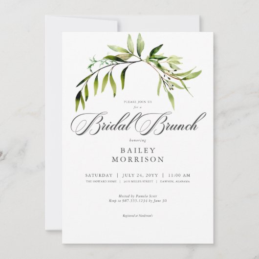 Rustiek Botanisch groen Bough Bridal Brunch Kaart (Voorkant)