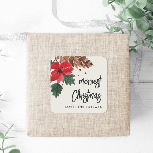 Rustiek Bough | Waterverf Kerst Gepersonaliseerd Vierkante Sticker