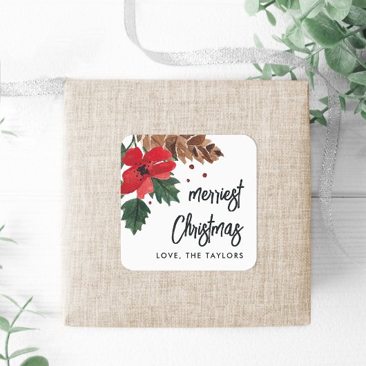 Rustiek Bough | Waterverf Kerst Gepersonaliseerd Vierkante Sticker