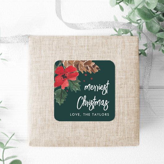 Rustiek Bough | Waterverf Kerst Gepersonaliseerd Vierkante Sticker