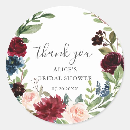 Rustiek Bourgogne Blauw Boho Bloemen Vrijgezellenf Ronde Sticker (Voorkant)