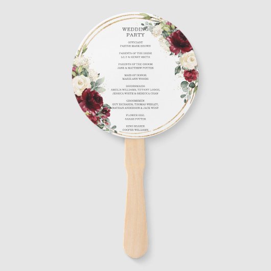 Rustiek Bourgogne Ivoor Bloemen Goud Bruiloft Prog Handwaaier (Achterkant)