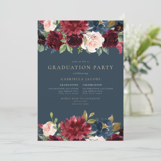 Rustiek Bourgogne & Navy Bloemen groen Afstuderen Kaart (Staand voorkant)