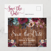 Rustiek Bourgogne Rode Marine Bloemenhout Save the Aankondigingskaart (Voorkant / Achterkant)