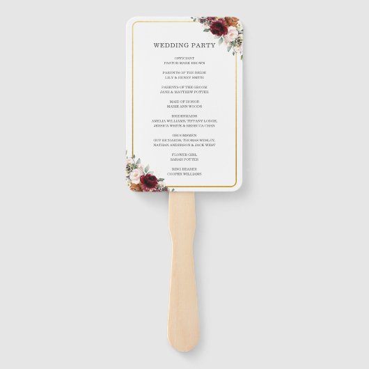 Rustiek Bourgogne Sinaasappel Roze Bloemen Trouwpr Handwaaier (Achterkant)