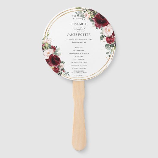 Rustiek Bourgondië Blush Bloemen Goud Bruiloft Pro Handwaaier (Voorkant)