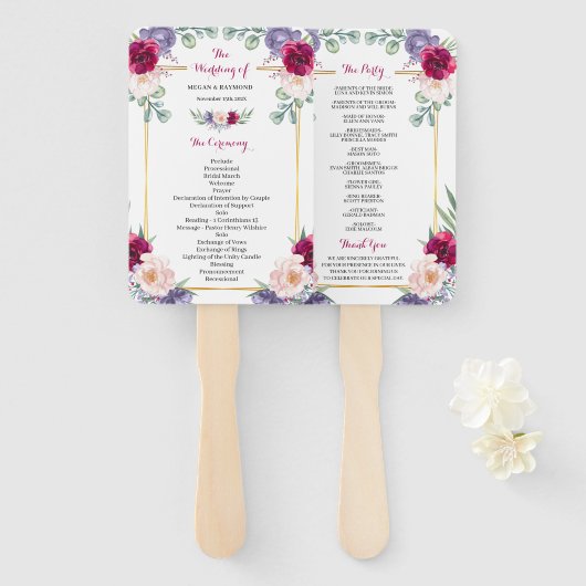 Rustiek Bourgondië Blush Marine Bloemen Huwelijk P Handwaaier (Voorkant en achterkant)