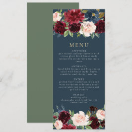 Rustiek Bourgondië en marine Floral Dinner Menu Kaart