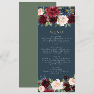 Rustiek Bourgondië en marine Floral Dinner Menu Kaart
