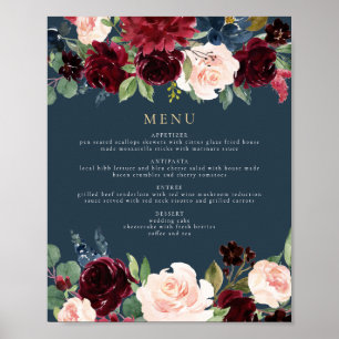 Rustiek Bourgondië en marine Floral Dinner Menu Poster