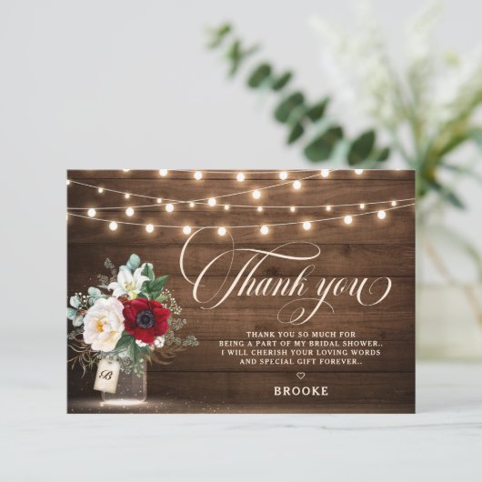 Rustiek Bourgondië Mason Jar Floral Vrijgezellenfe Bedankkaart (Staand voorkant)