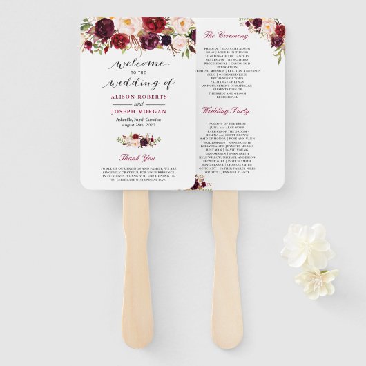 Rustiek Bourgondië rood bloemen klassieke bruiloft Handwaaier (Voorkant en achterkant)