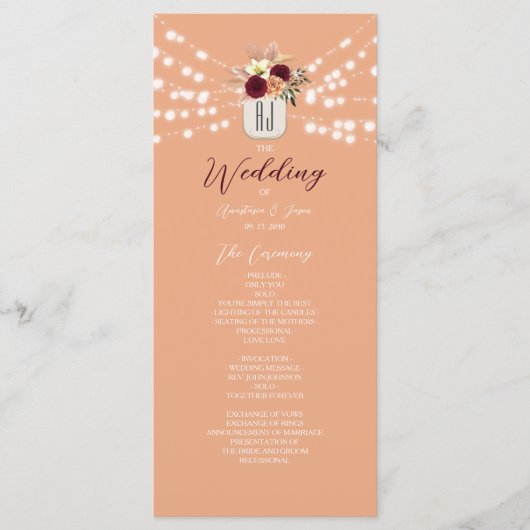 Rustiek Bourgondisch Floral bruiloft programma Programmakaart (Voorkant)