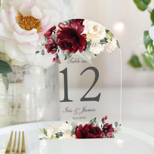 Rustiek Bourgondisch Ivoor Bloemen Trouwtafel Numm Acryl Uitnodigingen