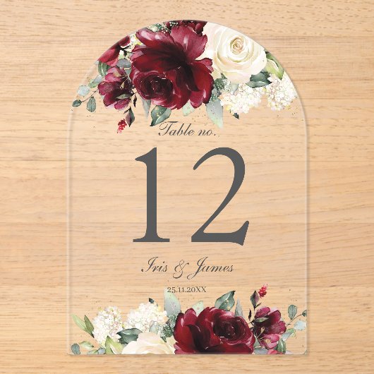 Rustiek Bourgondisch Ivoor Bloemen Trouwtafel Numm Acryl Uitnodigingen (Voorkant)