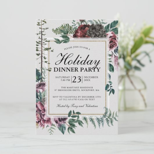 Rustiek Bourgondisch rood bloemig kerstfeest Kaart (Staand voorkant)