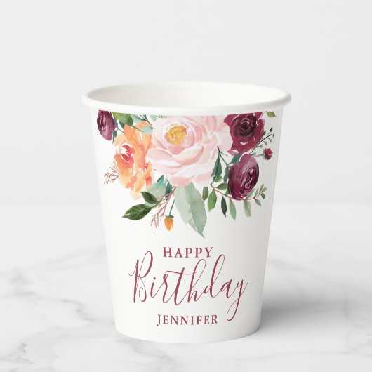 Rustiek Bourgondisch Roze Bloemen Verjaardagsfeest Papieren Bekers (Achterkant)