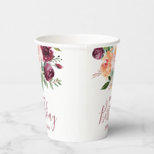 Rustiek Bourgondisch Roze Bloemen Verjaardagsfeest Papieren Bekers (Rechts)