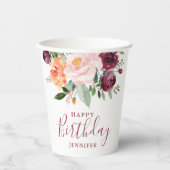 Rustiek Bourgondisch Roze Bloemen Verjaardagsfeest Papieren Bekers (Voorkant)