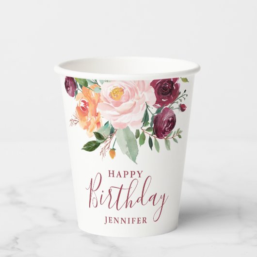 Rustiek Bourgondisch Roze Bloemen Verjaardagsfeest Papieren Bekers (Voorkant)