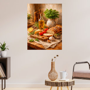 Rustiek brood en olijfolie een Mediterraan keuken Poster