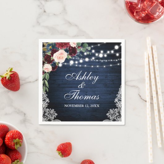 Rustiek Bruiloft Blauw Bourgogne Bloemen Kant Servet (Insitu)