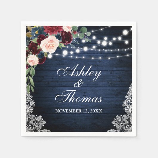 Rustiek Bruiloft Blauw Bourgogne Bloemen Kant Servet (Voorkant)