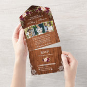 Rustiek Bruiloft Bourgondië Bloemen Hout Kant 3 Fo All In One Uitnodiging (Afscheurbaar)