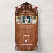 Rustiek Bruiloft Bourgondië Bloemen Hout Kant 3 Fo All In One Uitnodiging (Binnen)