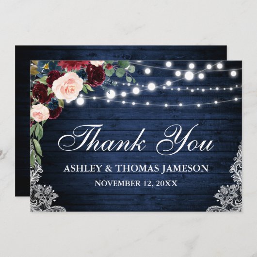 Rustiek Bruiloft Hout Blauw Bourgogne Bloemen Bedankkaart (Voorkant / Achterkant)