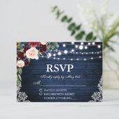 Rustiek Bruiloft Hout Blauw Bourgogne Bloemen RSVP (Staand voorkant)