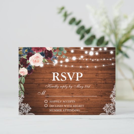 Rustiek Bruiloft Hout Bourgogne Blauw Bloemen RSVP (Staand voorkant)