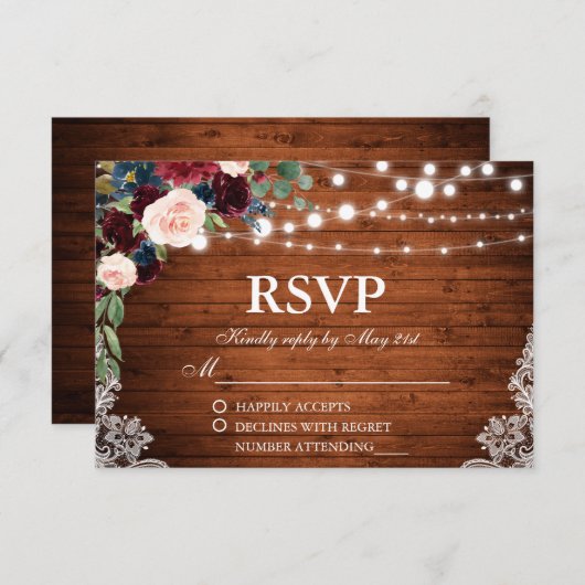 Rustiek Bruiloft Hout Bourgogne Blauw Bloemen RSVP (Voorkant / Achterkant)