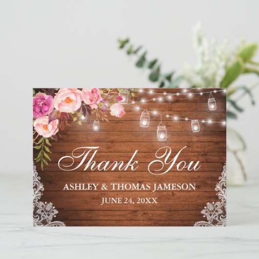 Rustiek Bruiloft Hout Roze Bloemen Jar Lights Kant Bedankkaart (Staand voorkant)