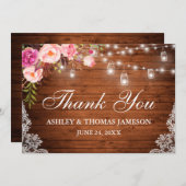 Rustiek Bruiloft Hout Roze Bloemen Jar Lights Kant Bedankkaart (Voorkant / Achterkant)