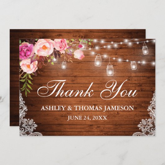 Rustiek Bruiloft Hout Roze Bloemen Jar Lights Kant Bedankkaart (Voorkant / Achterkant)