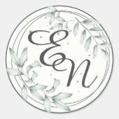 Rustiek Bruiloft Monogram Groen Bladeren Ronde Sti Ronde Sticker (Voorkant)