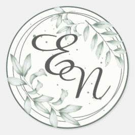 Rustiek Bruiloft Monogram Groen Bladeren Ronde Sti Sticker