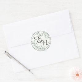 Rustiek Bruiloft Monogram Groen Bladeren Ronde Sti Sticker
