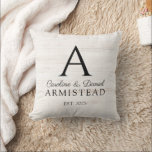 Rustiek Bruiloft Monogram Paar Kussen<br><div class="desc">Rustiek verweerd wit gewassen hout bruiloft monogram initiaal en pasgetrouwden naam en datum vastgesteld. Het stijlvolle script en het serif lettertype contrast geeft dit ontwerp een eigentijdse rustieke sfeer.</div>