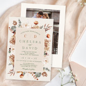 Rustiek Bruin Beige Monogram Bloemen Huwelijk Kaart