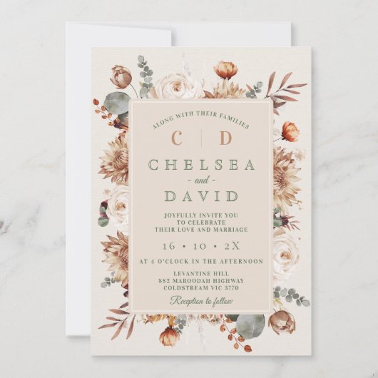 Rustiek Bruin Beige Monogram Bloemen Huwelijk Kaart (Voorkant)