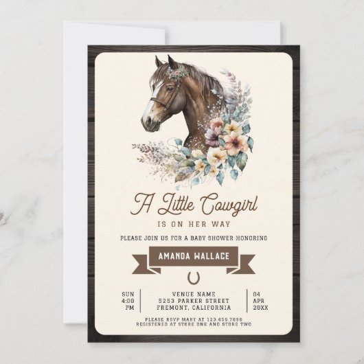 Rustiek Bruin Bloemen Paard Cowgirl Baby shower Kaart (Voorkant)