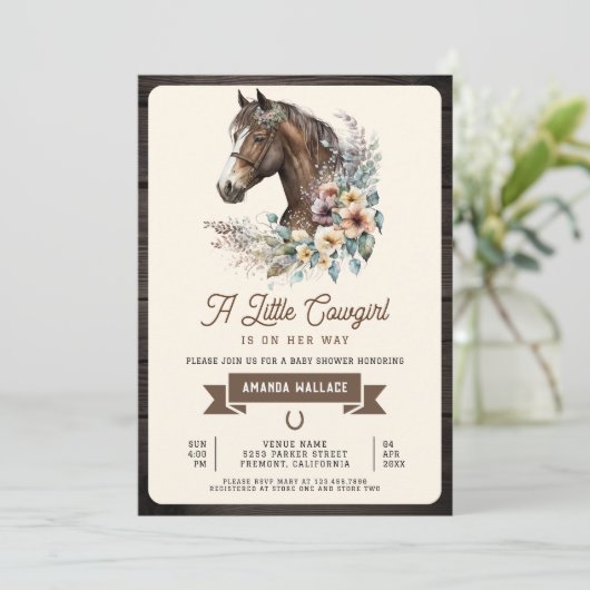 Rustiek Bruin Bloemen Paard Cowgirl Baby shower Kaart (Staand voorkant)