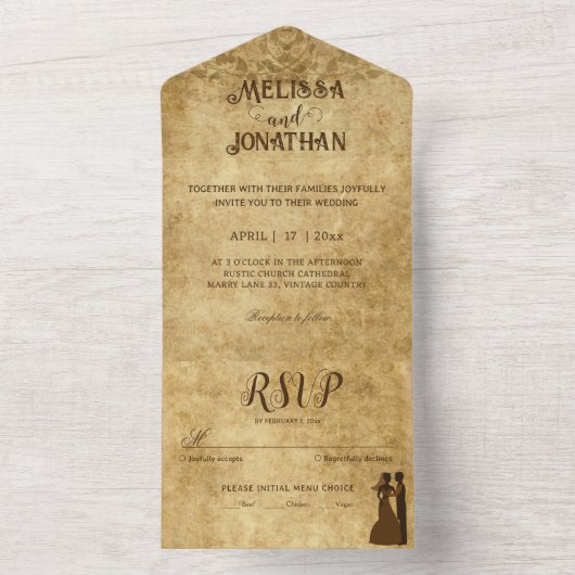  rustiek bruin bruiloft bruid bruidegom all in one uitnodiging (Binnen)