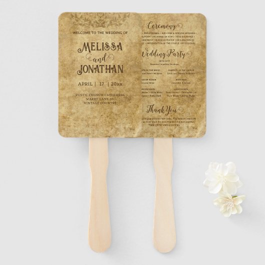 rustiek bruin bruiloft bruid bruidegom programma handwaaier (Voorkant en achterkant)