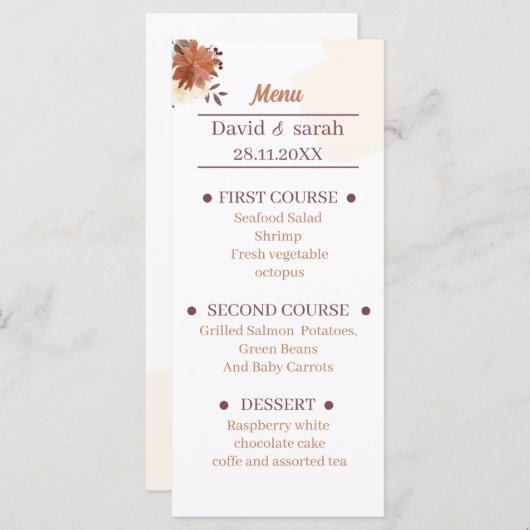 Rustiek bruin bruiloft diner menu (Voorkant / Achterkant)